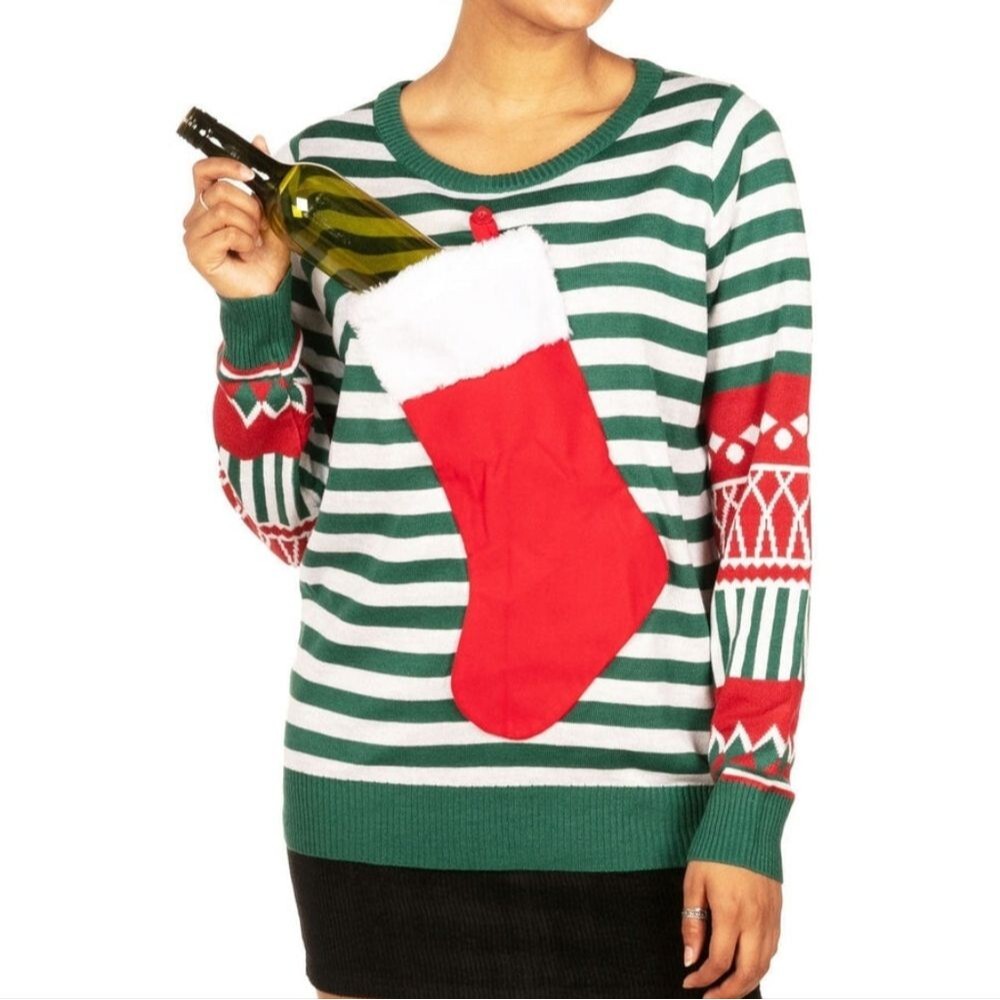 NWT Tipsy Elves Ugly Christmas Novelty Sweater Funny Stocking Wine Bottle Sz XL